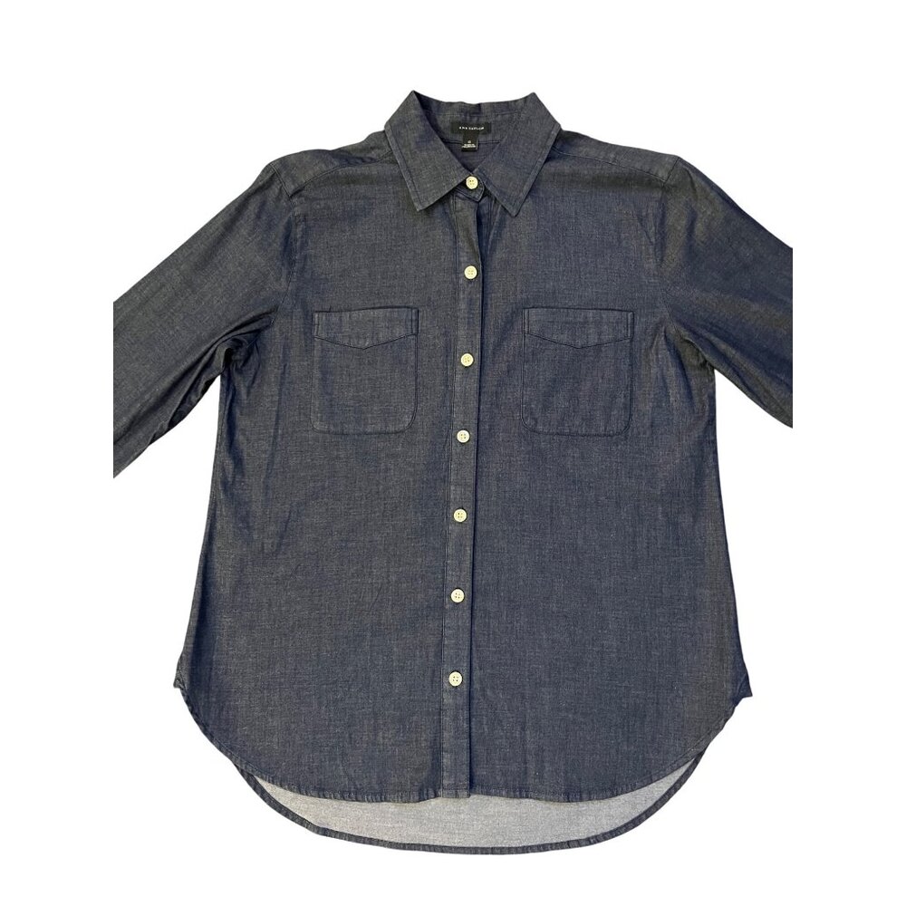 Ann Taylor Denim-Look Blouse Women's 0 Convertible Arms Used - Picture 4 of 11